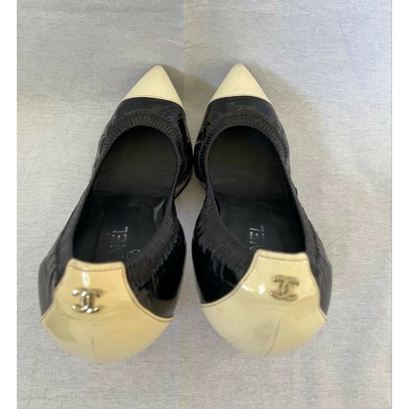Authentic Chanel Womens Shoes Elastic Pumps Heels Cap Toe Leather Black Beige 39 - Picture 5 of 13